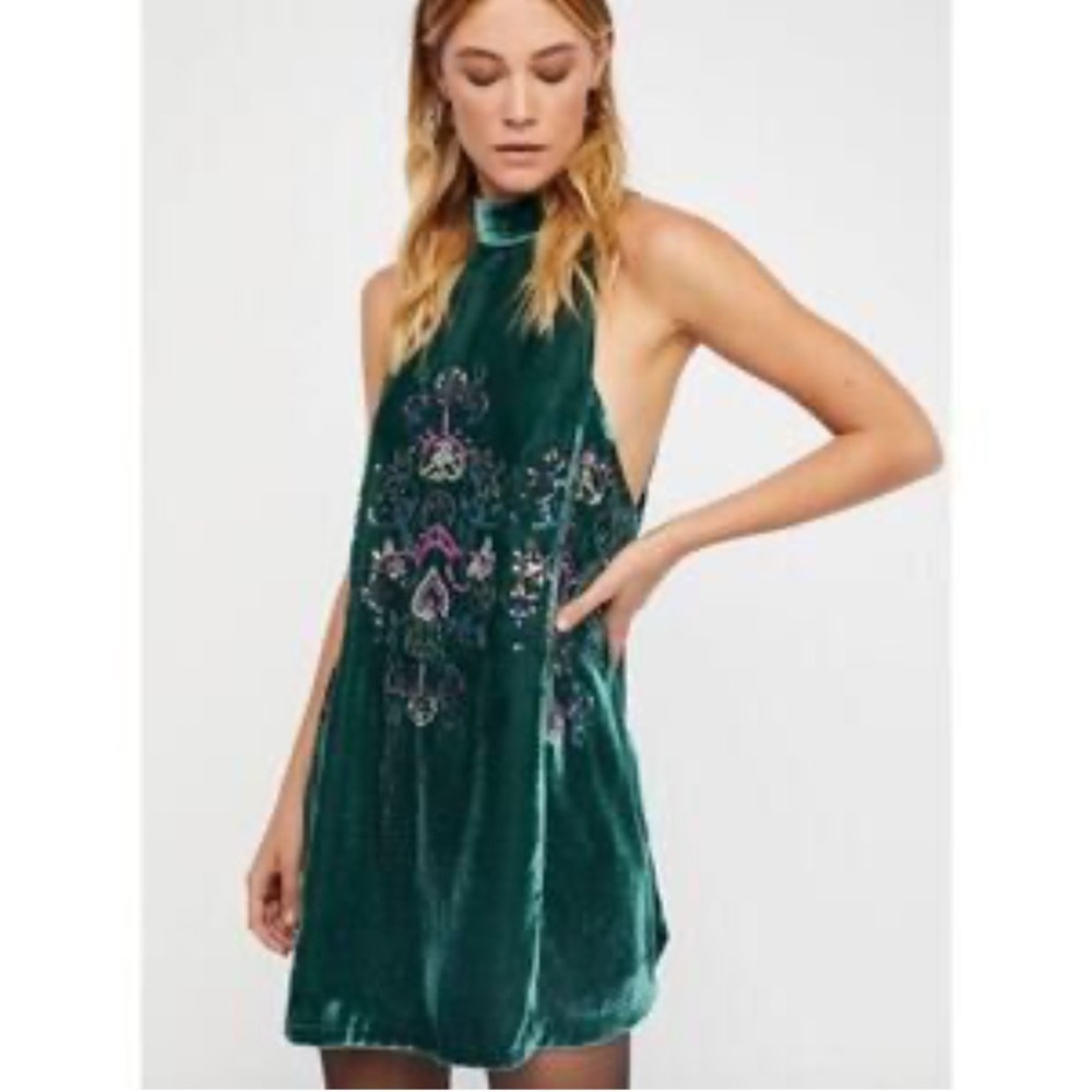 Free People Emerald Crushed Velvet Sequins Dress sz S